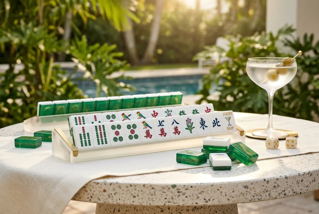 Bespoke Palm Beach Luxury American Mahjong Set on poolside cocktail table with martini